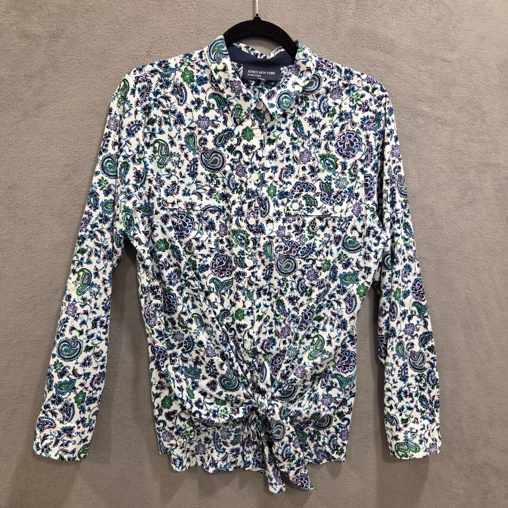 Jones New York Signature Button Shirt Blouse Women Large‎ Tie Floral Paisley